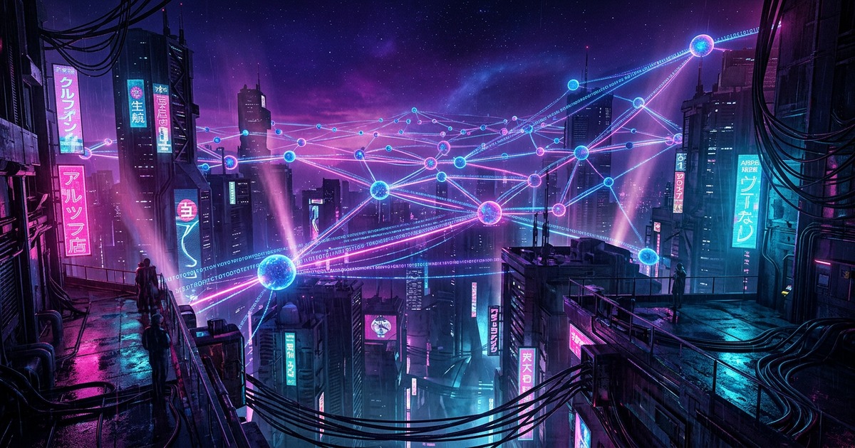 Abstract visualization of interconnected AI agents.